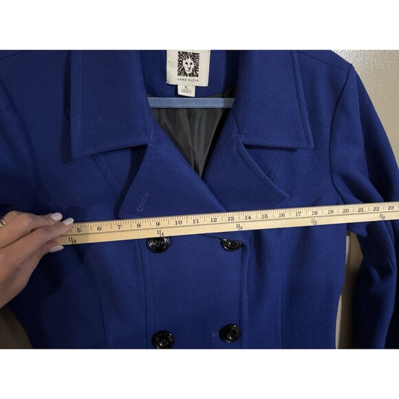 Anne Klein Blue Wool Blend Peacoat Size Large | Double Breasted Flared Hem Coat - Picture 3 of 7